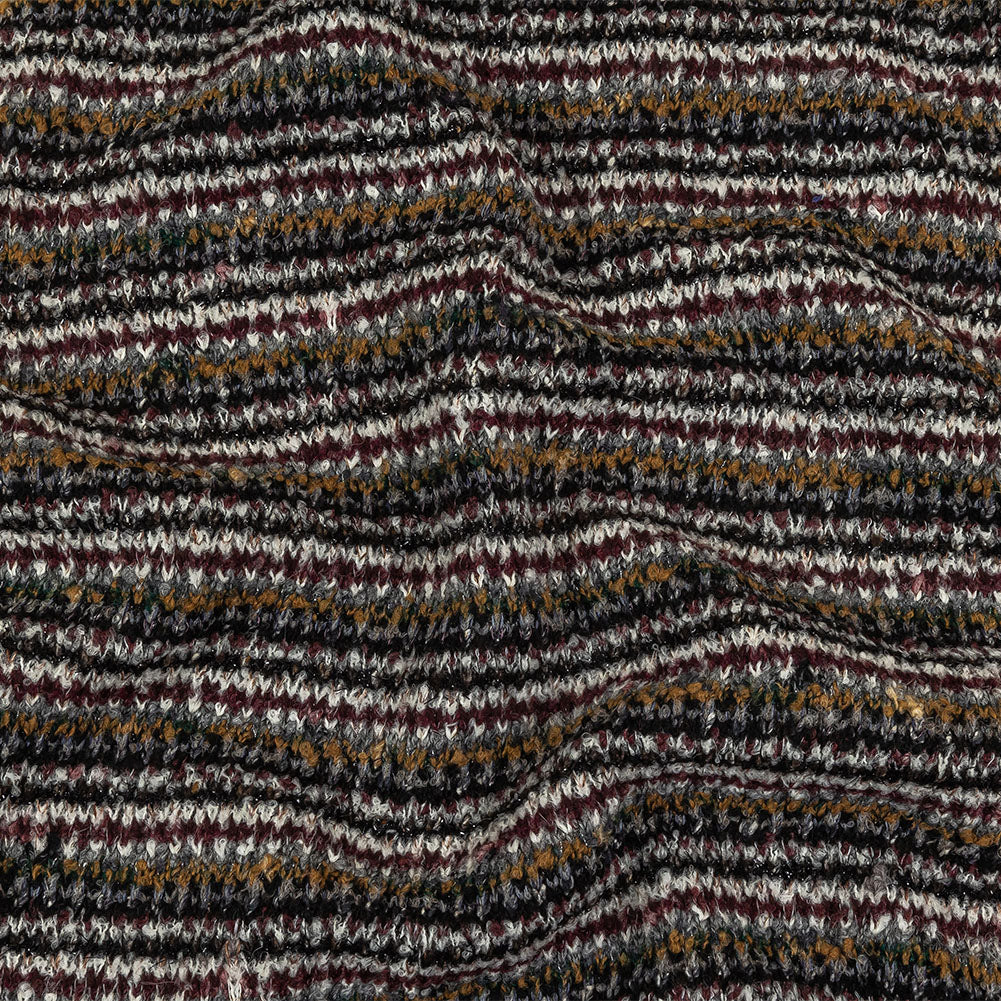 Burgundy, Cream and Metallic Silver Striped Boucle Blended Wool Sweater Knit with Black Eyelash Fringe - Joann Fabrics