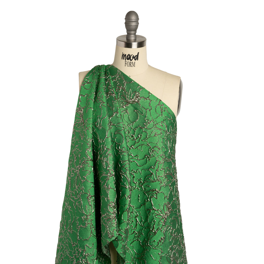 Metallic Luxury Brocade - Kelly Green and Silver Floral Outlines - Joann Fabrics