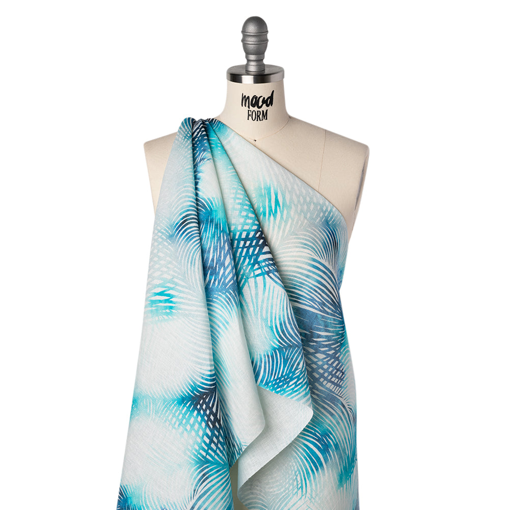 Medium Weight Linen Woven Print - Sahara Blue and White Palm Leaves - Joann Fabrics