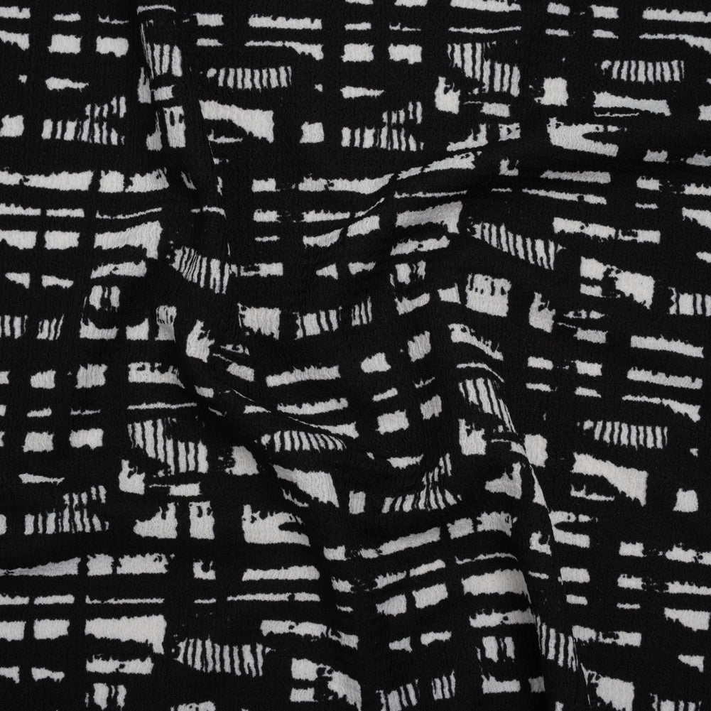 Crinkled Polyester Jacquard Knit - Black and White Abstract Grid - Designer Deadstock - Joann Fabrics