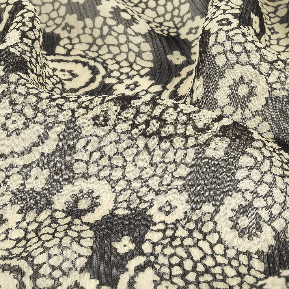 Famous NYC Designer Pewter and Bone White Abstracted Floral Crinkled Silk Chiffon - Joann Fabrics