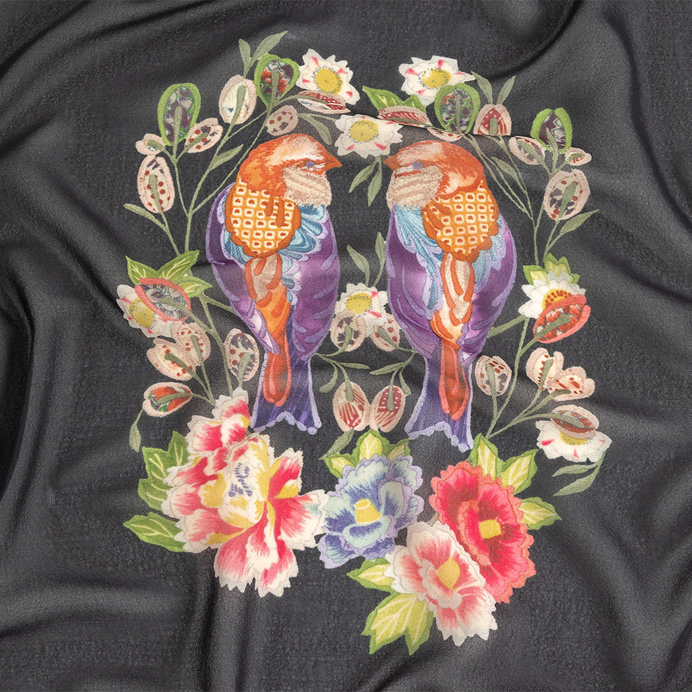 Famous NYC Designer Black, Pink, and Green Lovebirds and Florals Polyester Georgette Panel - Joann Fabrics