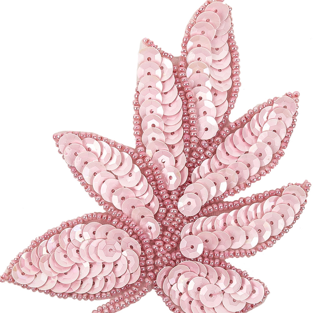Vintage Pink Sequins and Pink-lined Beaded Leaf Applique - 4
