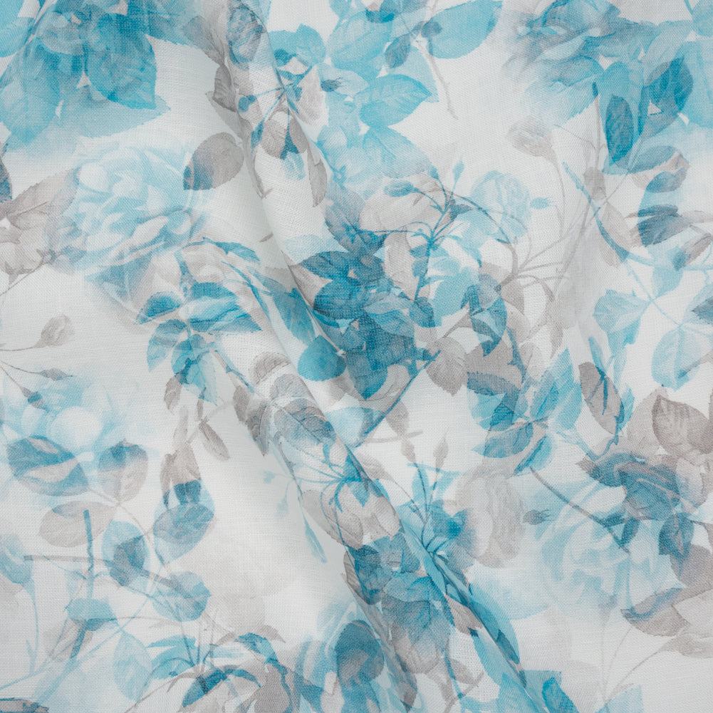Medium Weight Linen Woven Print - Aqua and Gray on White Airy Leaves - Joann Fabrics
