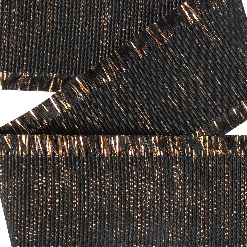 Italian Black and Copper Metallic Grosgrain Ribbon with Fringe - 1.4375
