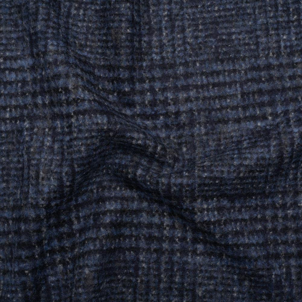 Alpaca and Wool Blend Felted Coating Made in Italy - Blue and Gray Tweedy Plaid - Deadstock - Joann Fabrics