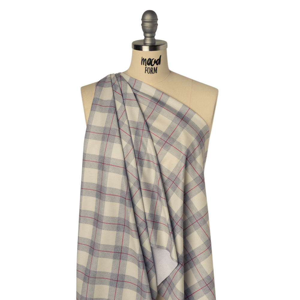 Brushed Recycled Polyester Jersey - Cream, Gray and Red Twill Plaid - Deadstock - Joann Fabrics