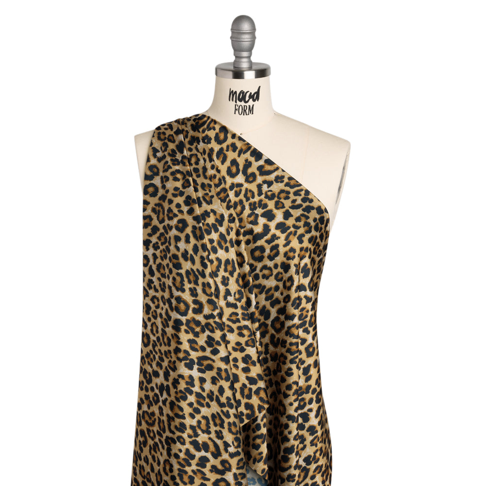 Soft Stretch Polyester Satin Print - Beige, Brown and Black Leopard Spots - Deadstock - Joann Fabrics