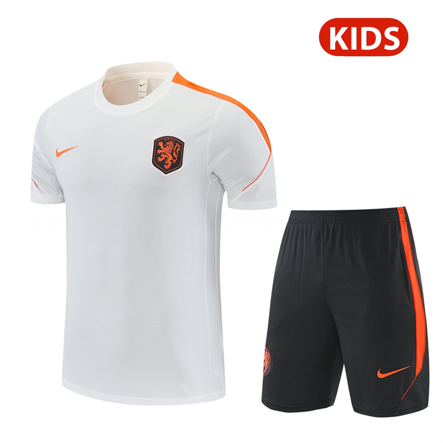 Netherlands 2026 Kids Short-Sleeve Training Set - White With Orange Top & Black With Orange Pants - UnitedFutballJersey