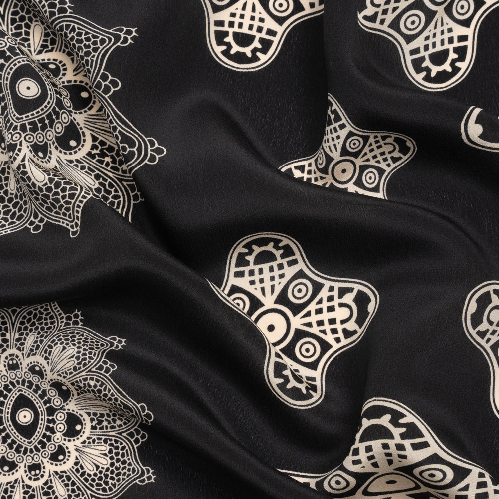 Black and Cream Eye Medallions Border Print Silk Crepe de Chine - Joann Fabrics