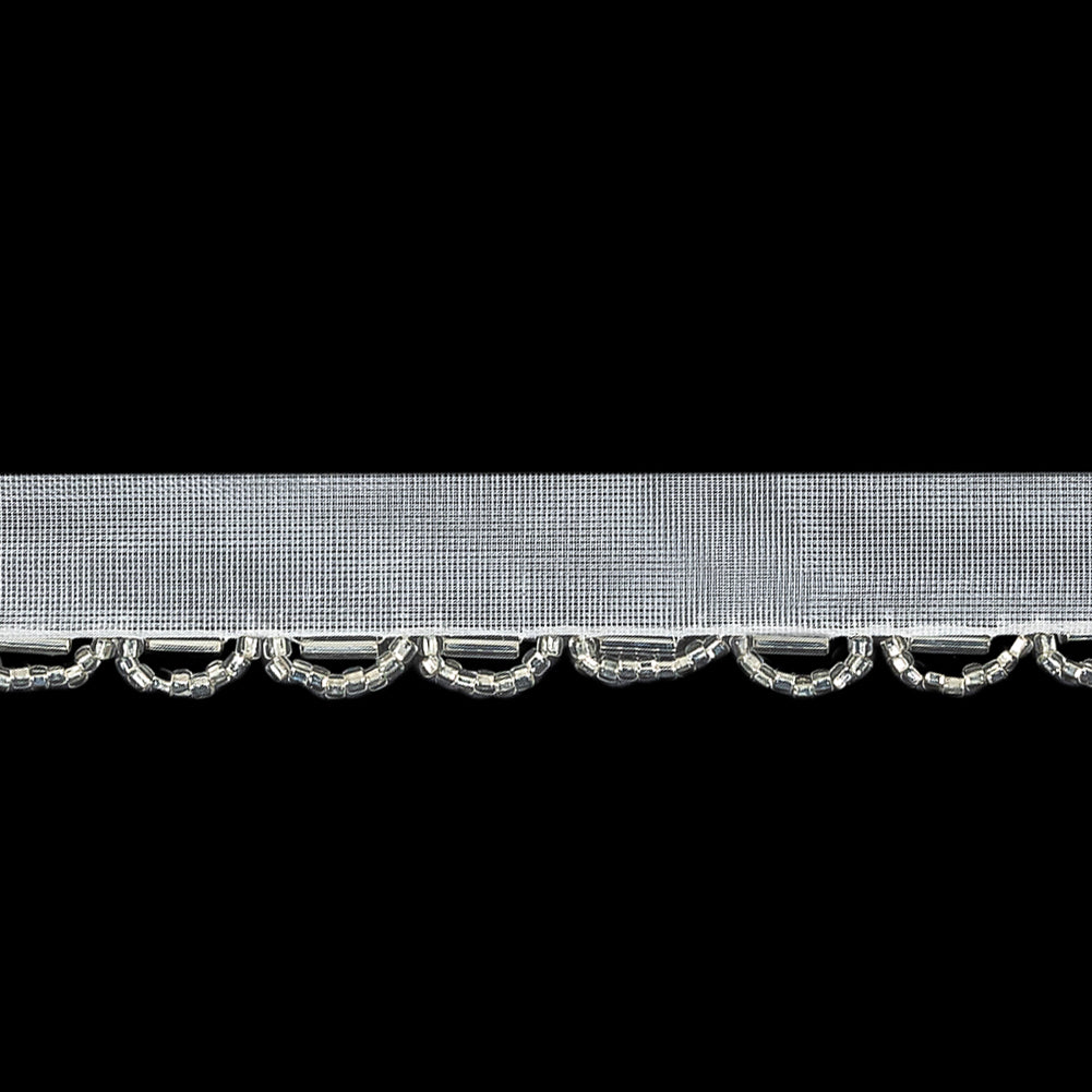 Vintage White and Silver Lined Seed and Bugle Beaded Scalloped Trim - 0.75