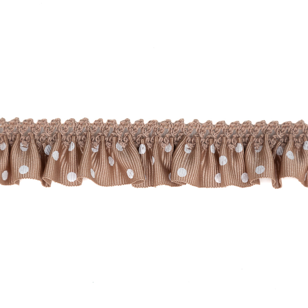 European Light Brown and White Polka Dot Ruffled Stretch Grosgrain .875