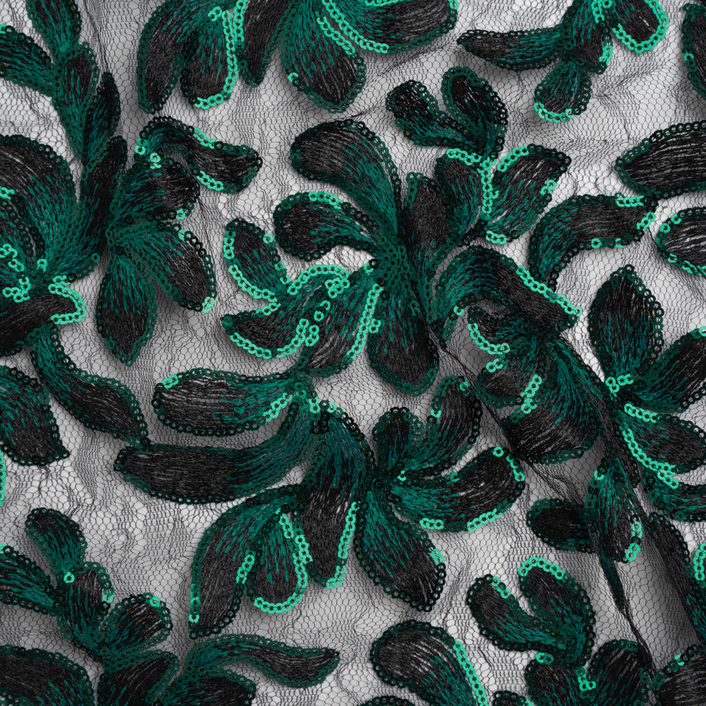 Polyester Lace with Embroidery and Sequins - Black and Green Flowers - Designer Deadstock - Joann Fabrics
