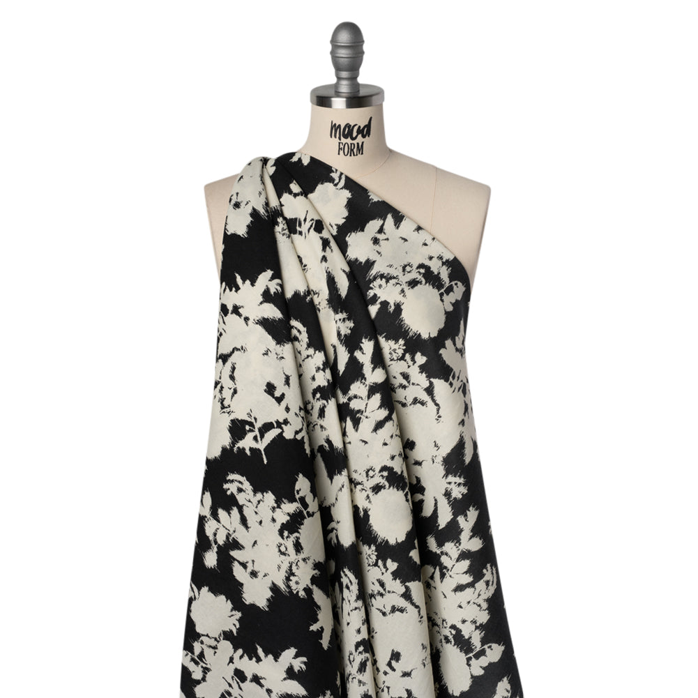 Linen and Rayon Woven - Black and Off White Ikat-Inspired Floral Silhouettes - Mood Exclusive Summer Sketches Print - Joann Fabrics
