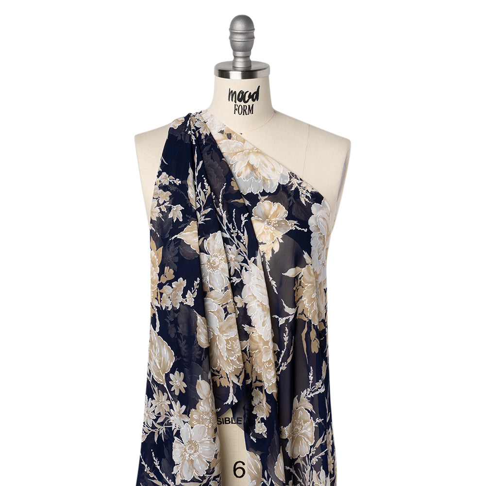 Polyester Chiffon with Puffy Print - Navy, Ivory and Tan Floral - Designer Deadstock - Joann Fabrics