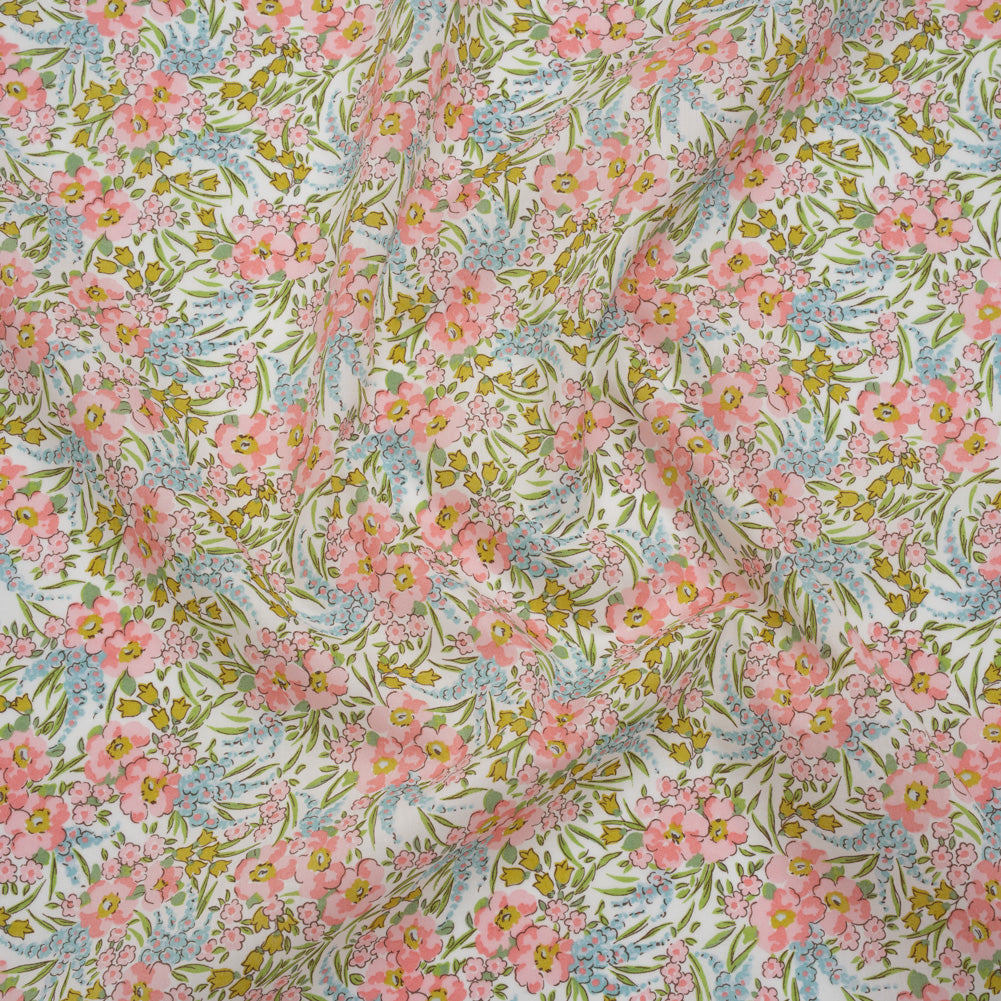 Liberty Fabrics Tana Lawn® - Swirling Petals Light Pink - Baby Pink, Blue and Yellow Green Floral - Joann Fabrics