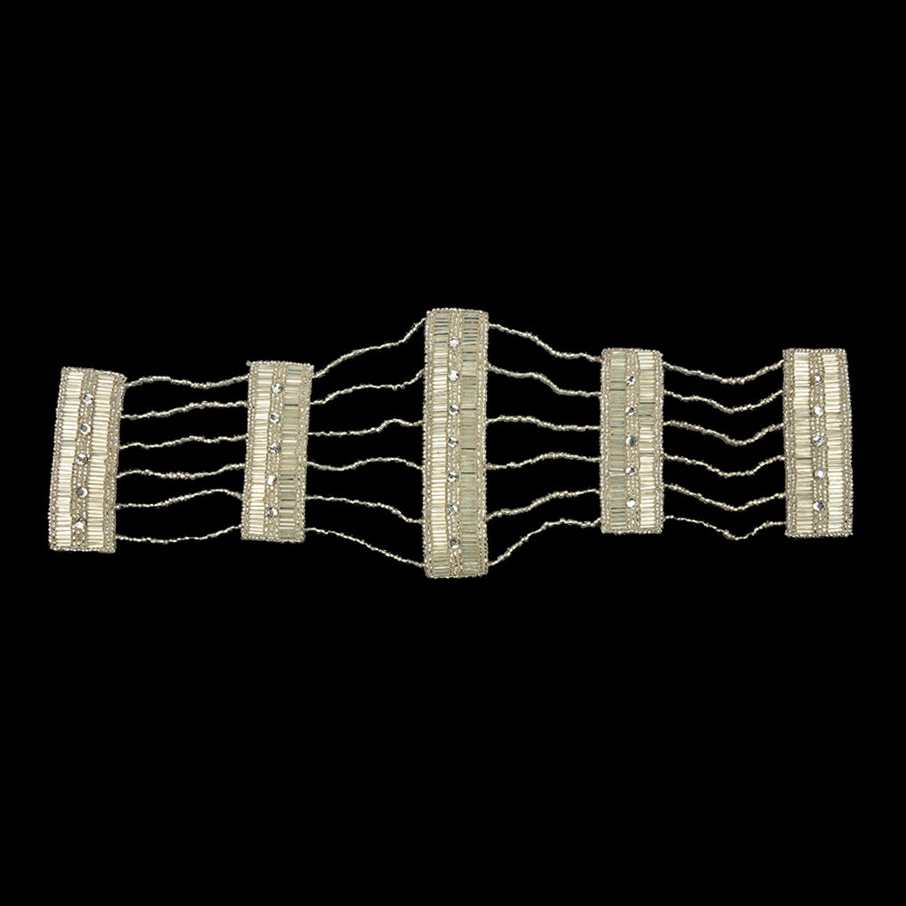 Vintage Silver and Crystal Rhinestone Dotted and Beaded Rectangles and Chains Applique - 4.625