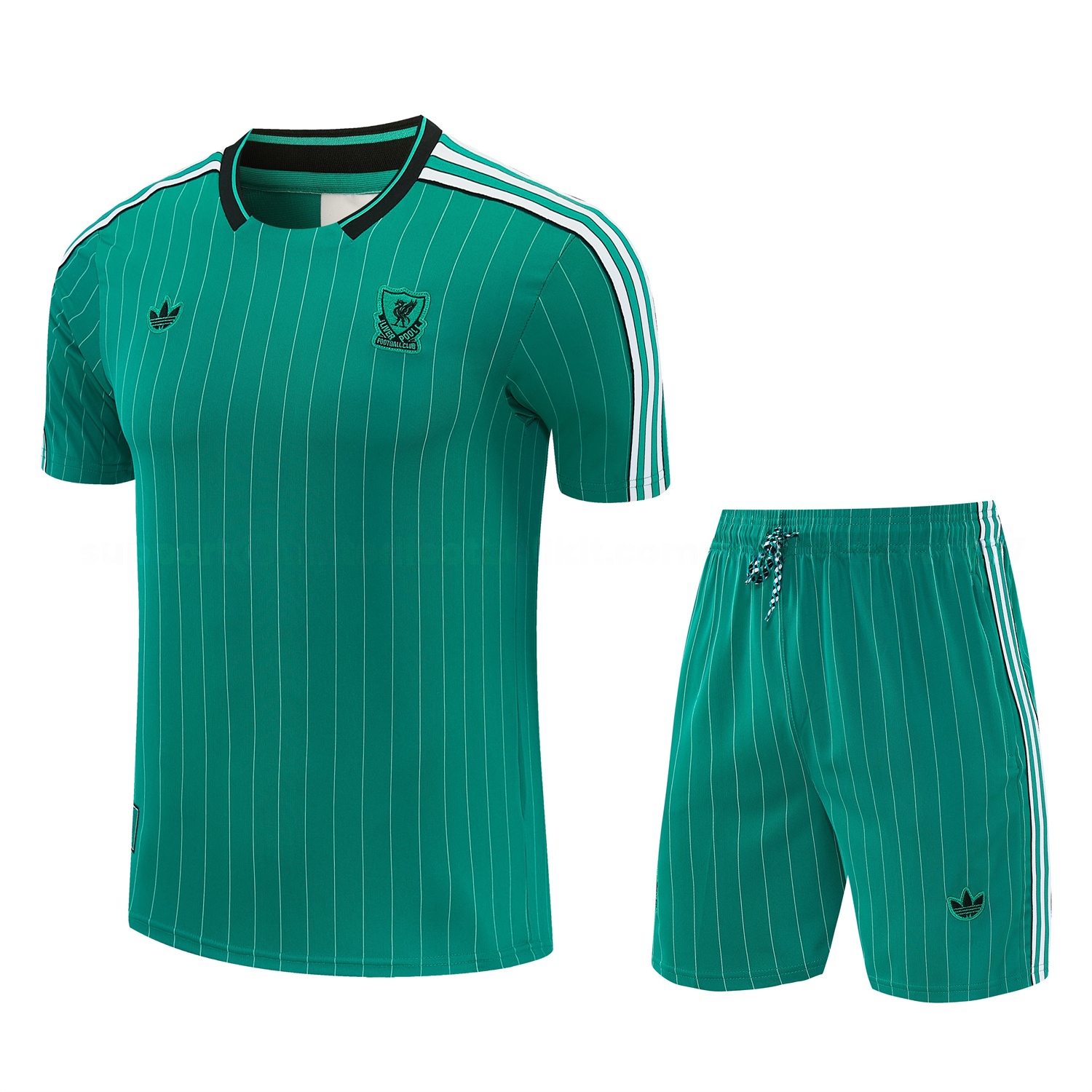 Liver.pool 25-26 Retro Style Short-Sleeve Training Set - Green With White Stripes Top & Pants - UnitedFutballJersey