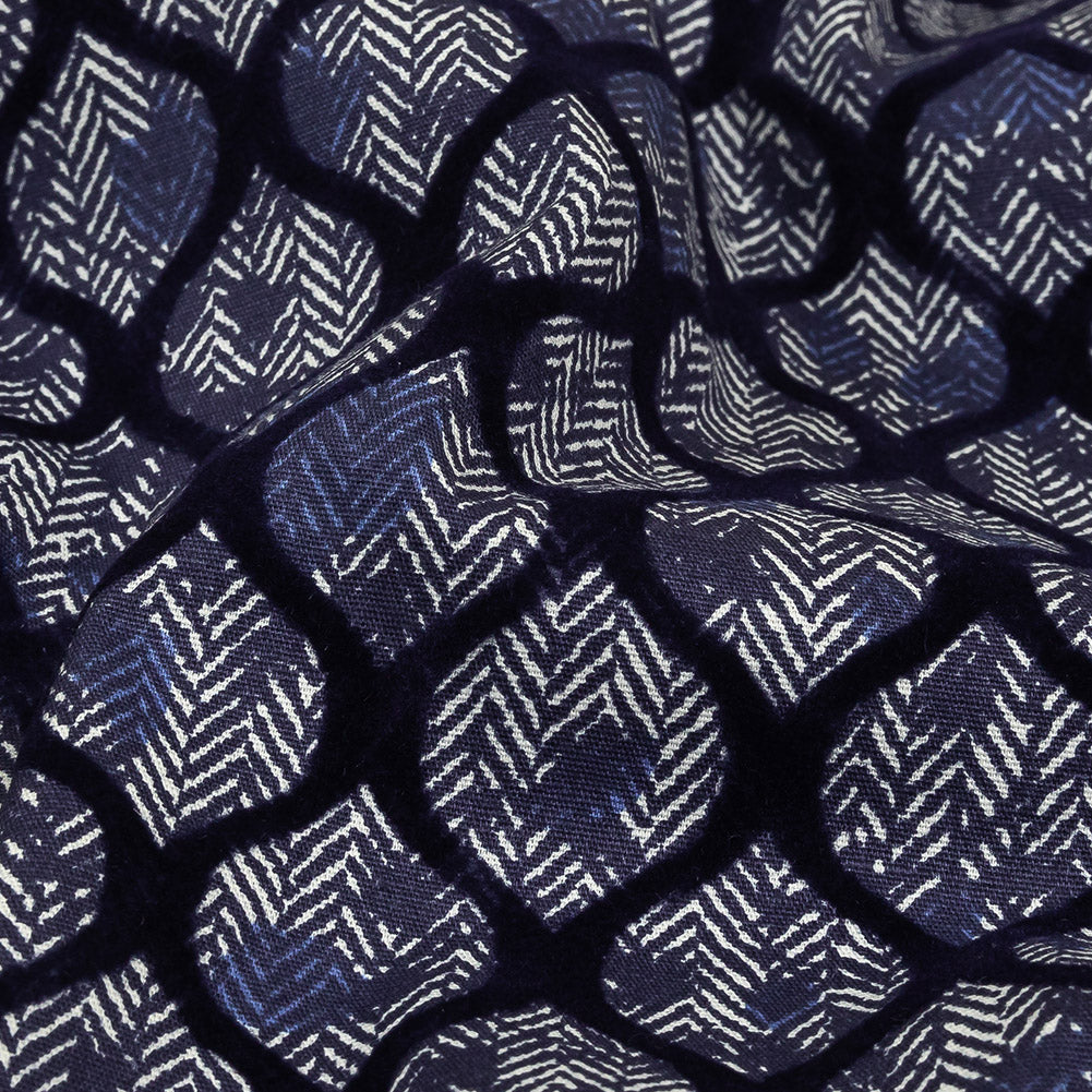 Navy Flocked Ogees on Floral and Herringbone Printed Stretch Cotton Shirting - Joann Fabrics
