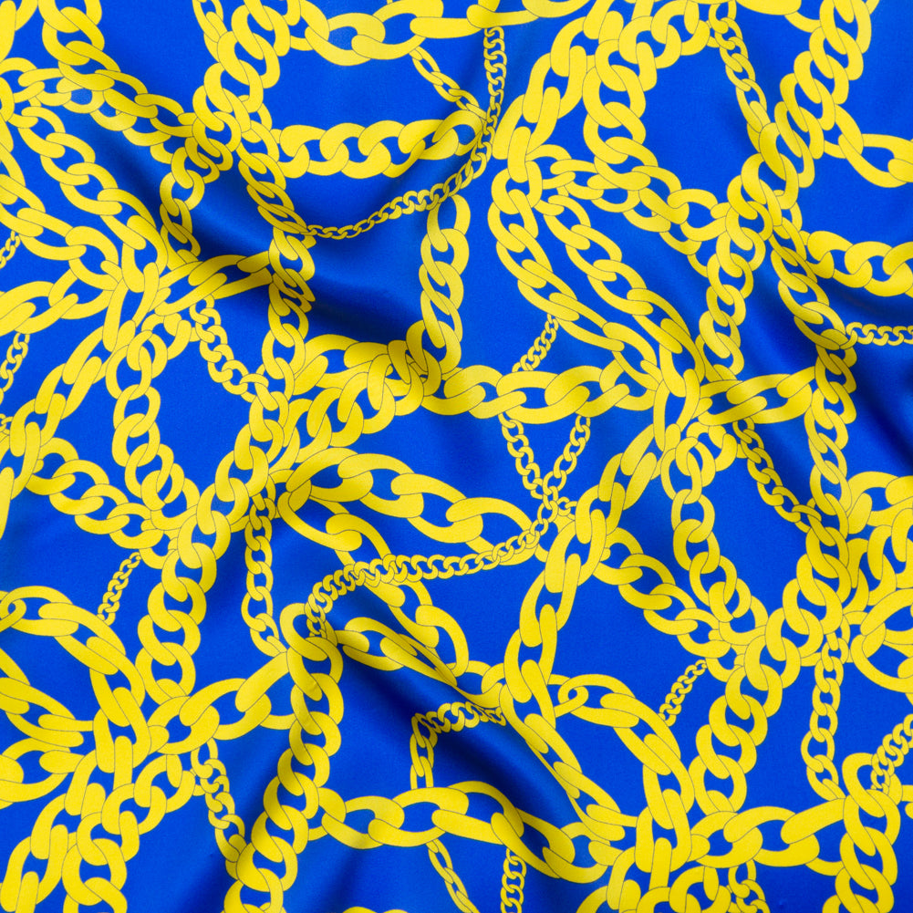 Mood Exclusive Italian Blue and Yellow Chains Digitally Printed Silk Charmeuse - Joann Fabrics