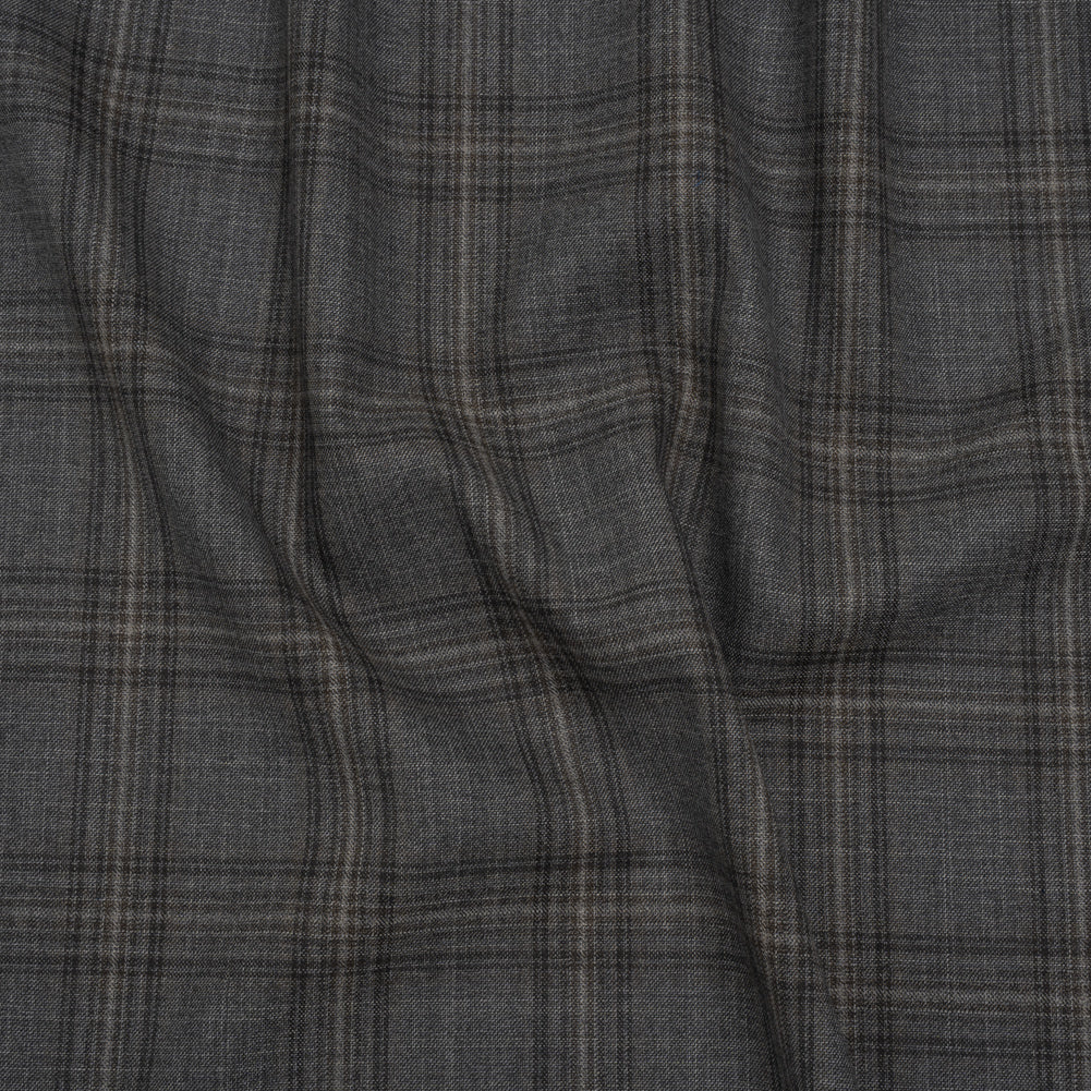 Wool Suiting Made in Italy - Gray, Charcoal and Brown Plaid - Deadstock - Joann Fabrics