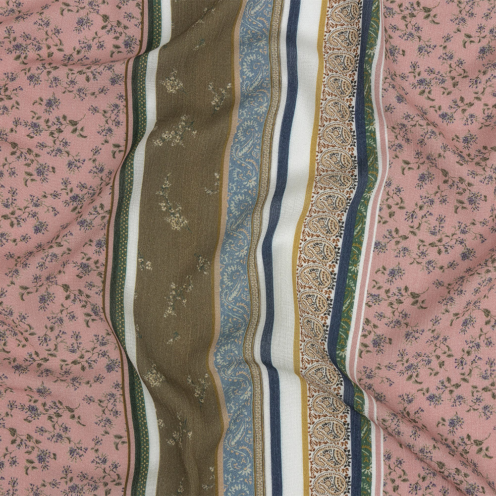 Gauzy Wrinkled Rayon Woven Print - Olive Green and Pink Floral Stripes - Mood Exclusive Encased Reveries - Joann Fabrics
