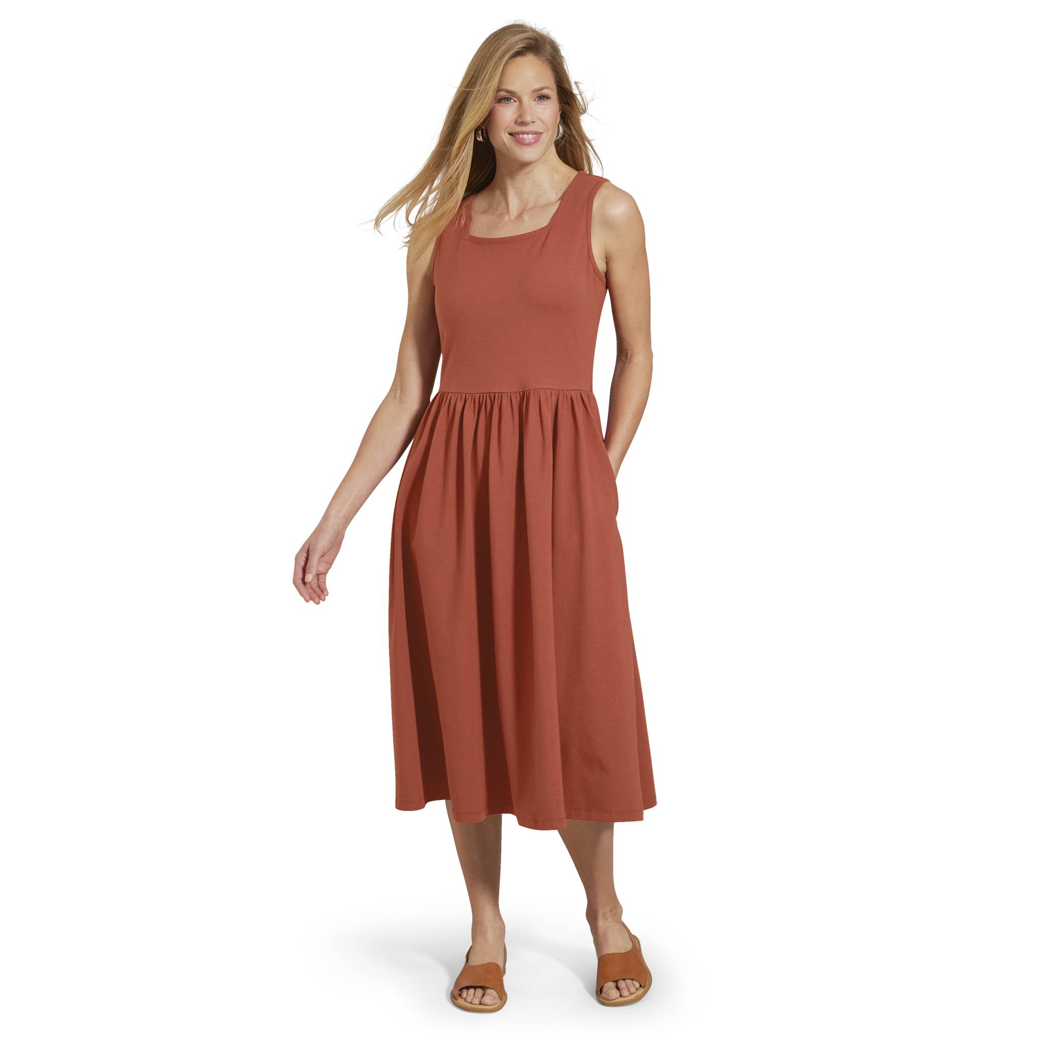 Square-Neck Knit Tank Dress, Gathered Waist, Pockets - Northstyle Catalog