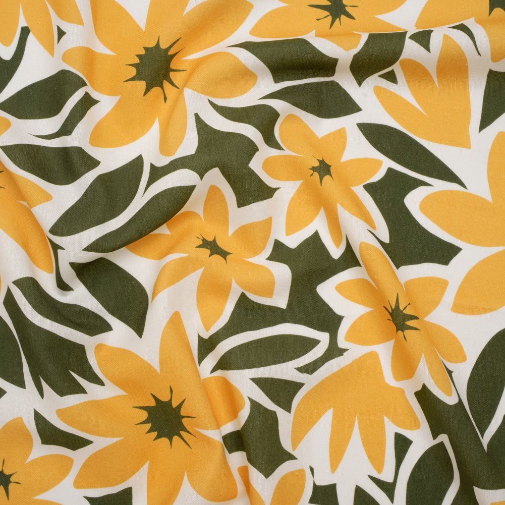 Linen and Rayon Woven - Sunny Yellow, Olive Green and White Flat Flowers - Mood Exclusive Flat Out Florals Print - Joann Fabrics
