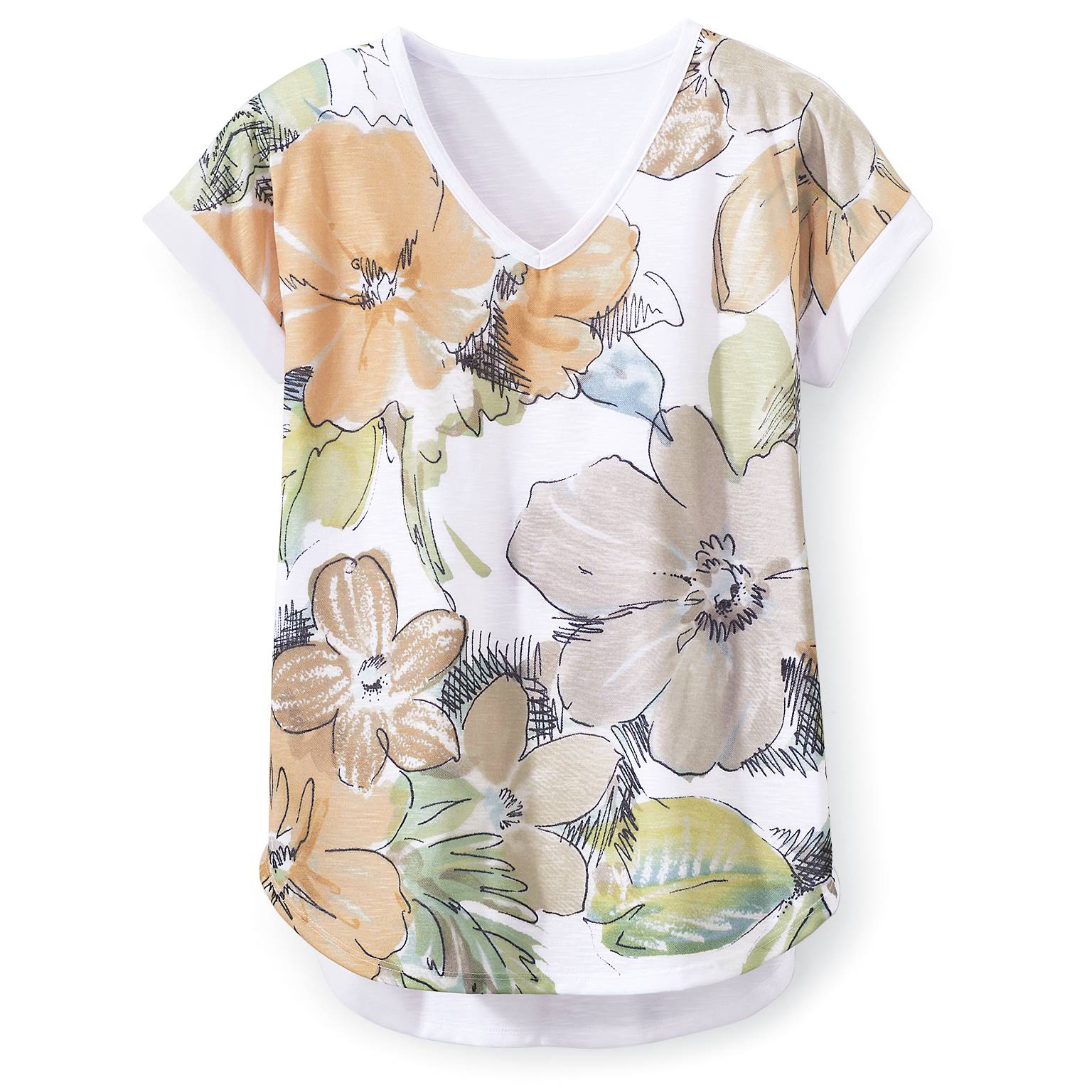 Sketch Watercolor Floral Top, Dolman Cap Sleeves, Curved Hem - Northstyle Catalog