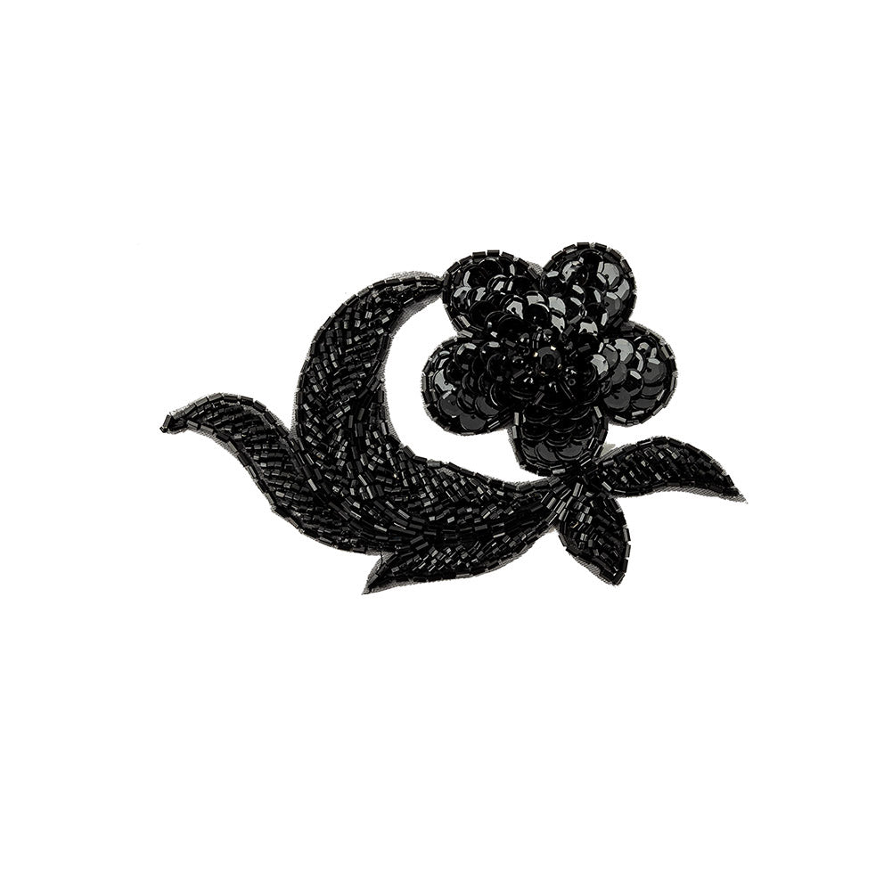 Vintage Black Sequins and Beaded Floral Applique with Rhinestone Core - 3.25