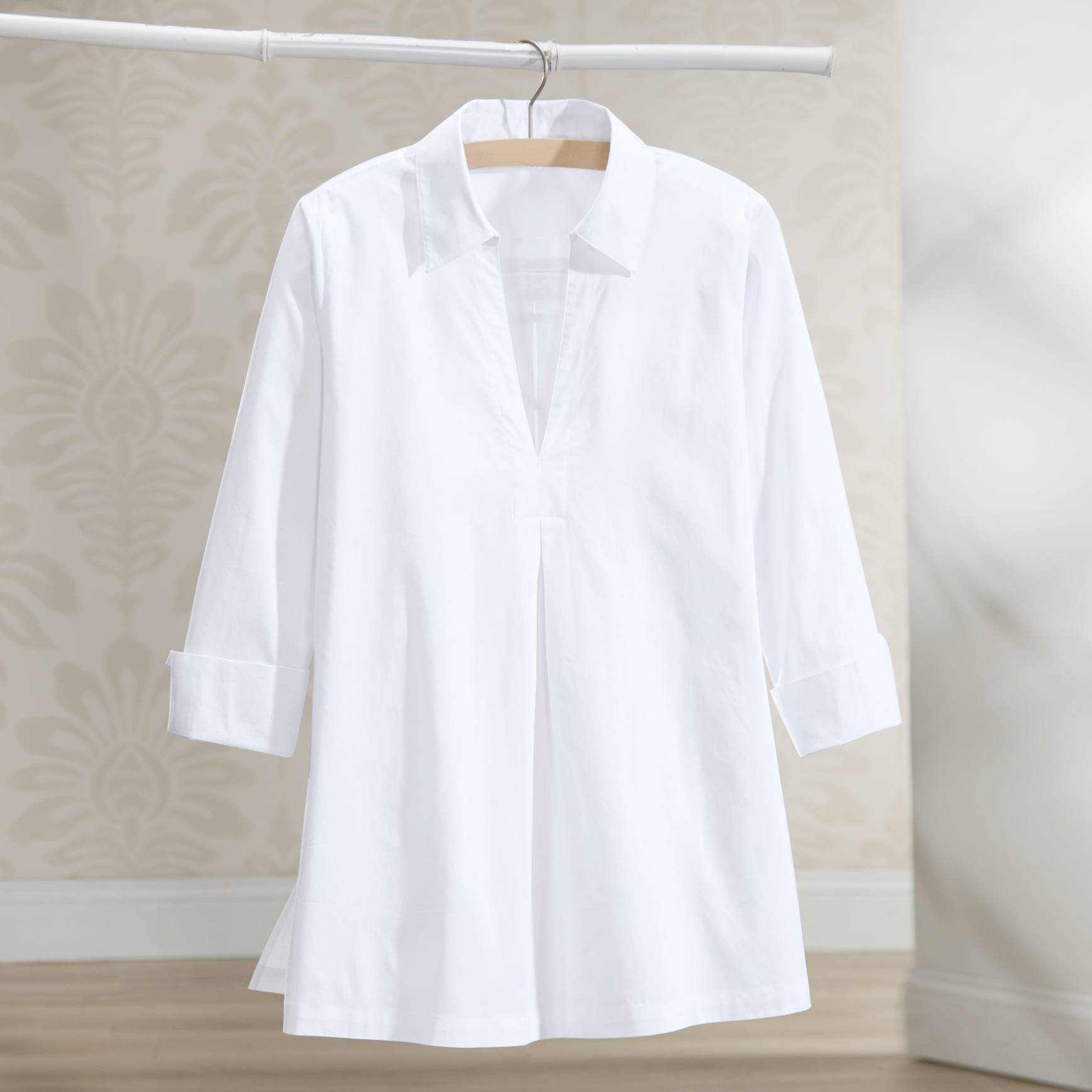 Button Back Popover Tunic, Collared V-Neck, Front Pleat, 3/4 Sleeves - Northstyle Catalog