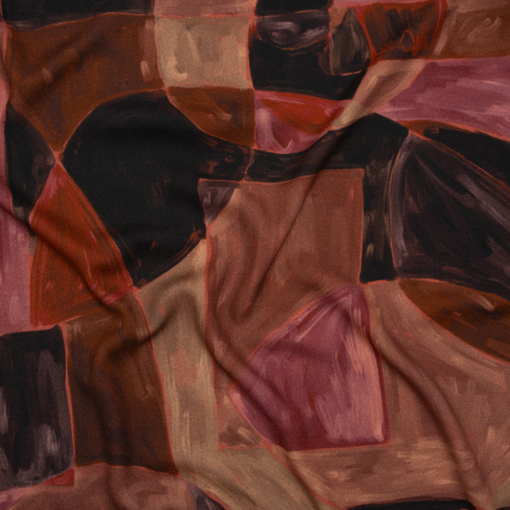 Viscose Crepe - Red, Wine and Rosewood Painted Blocks - Mood Exclusive Blocked Perspectives Print - Joann Fabrics