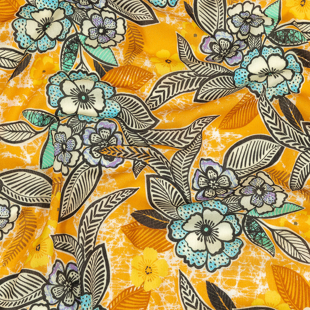 Gauzy Wrinkled Rayon Woven Print - Butterscotch Orange and Blue Floral - Mood Exclusive Blackened Buds - Joann Fabrics