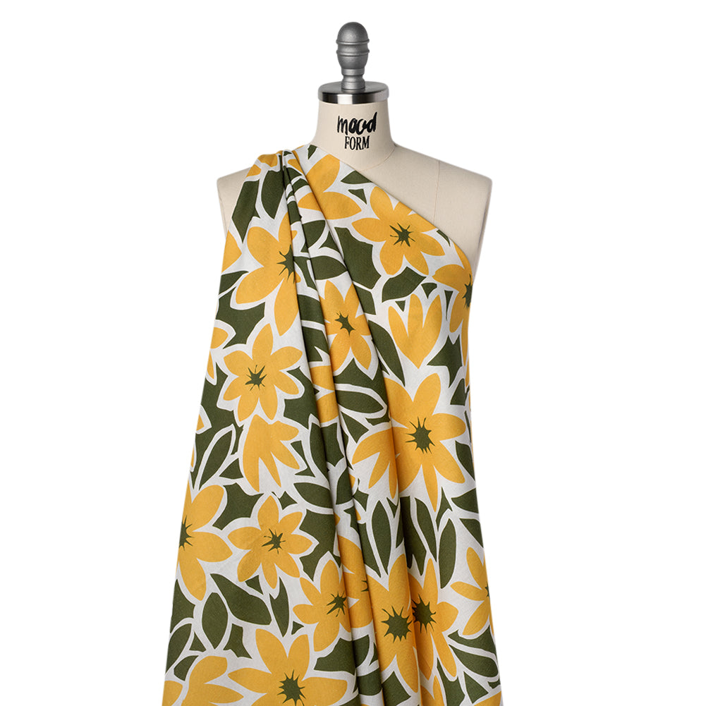 Linen and Rayon Woven - Sunny Yellow, Olive Green and White Flat Flowers - Mood Exclusive Flat Out Florals Print - Joann Fabrics