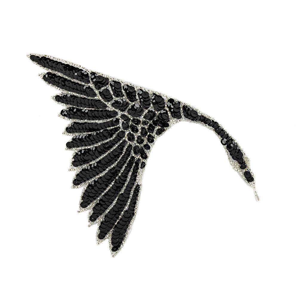 Vintage Fancy Black Sequins and Silver-lined Beaded Fan Applique - 6.25