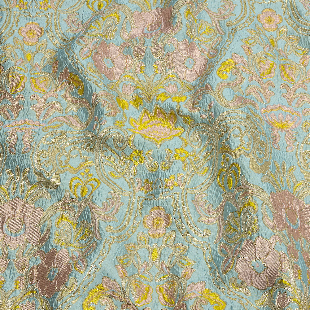 Baby Blue, Light Pink and Yellow Floral Damask Metallic Luxury Brocade - Joann Fabrics