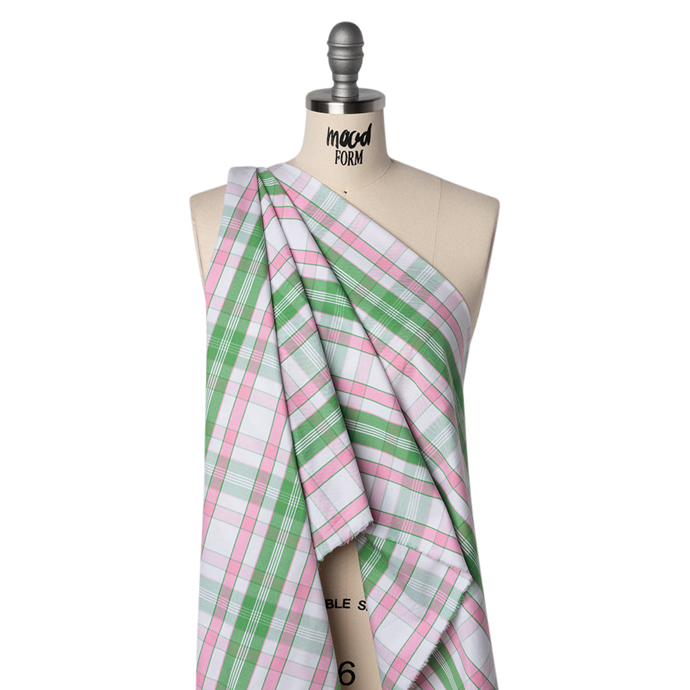 Cotton Oxford Shirting - Bubblegum Pink, Kelly Green and White Plaid - Deadstock - Joann Fabrics