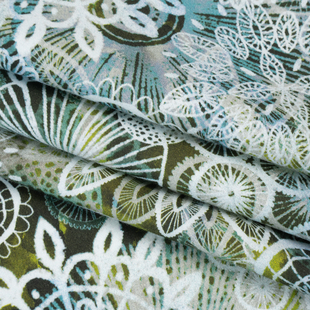 Stretch Cotton Sateen - Olive Green, Sky Blue and White Flowers and Circles - Kaleidoscope Sunbeam Print - Mood Exclusive Acadia Collection - Joann Fabrics
