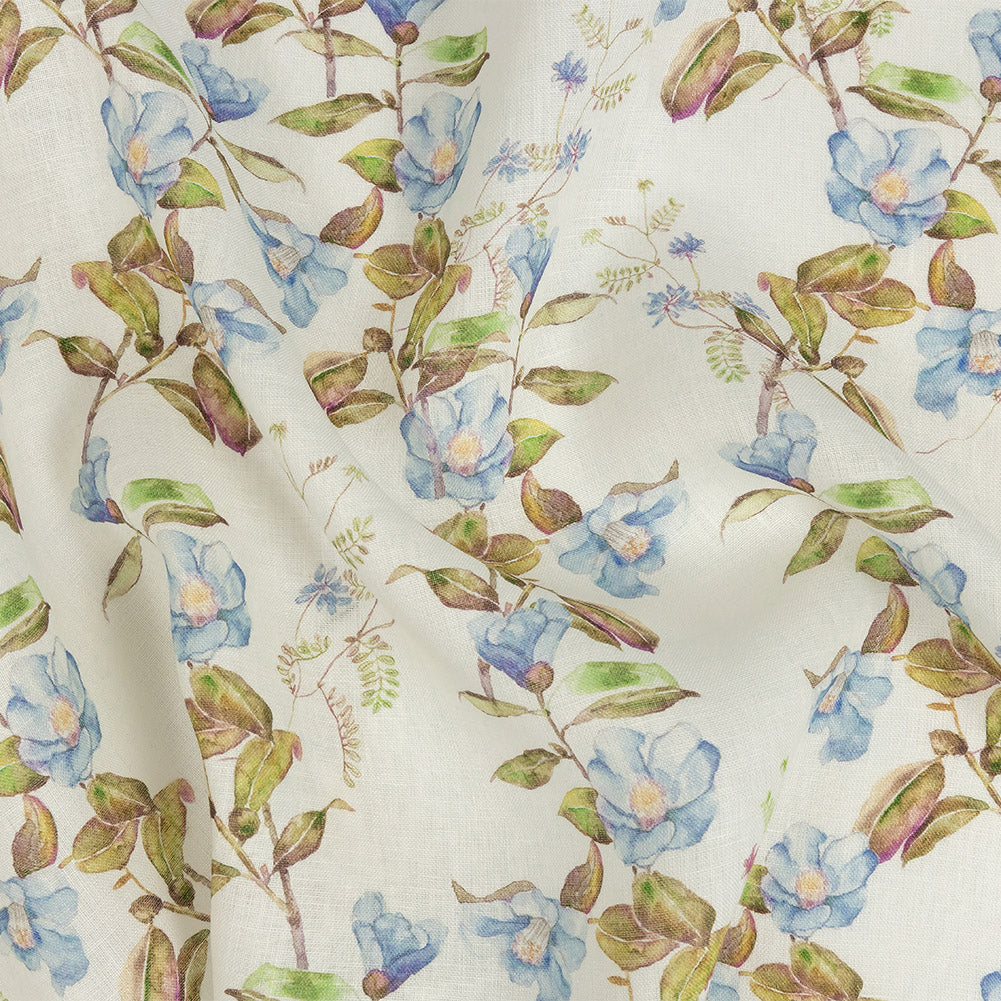 Sky Blue and Olive Watercolor Floral Printed Linen Woven - Joann Fabrics