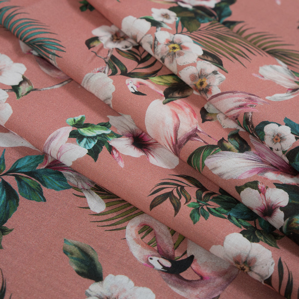 Cotton Voile - Salmon Flamingos and Leaves - Balance of Unity Print - Mood Exclusive Key Largo Collection - Joann Fabrics