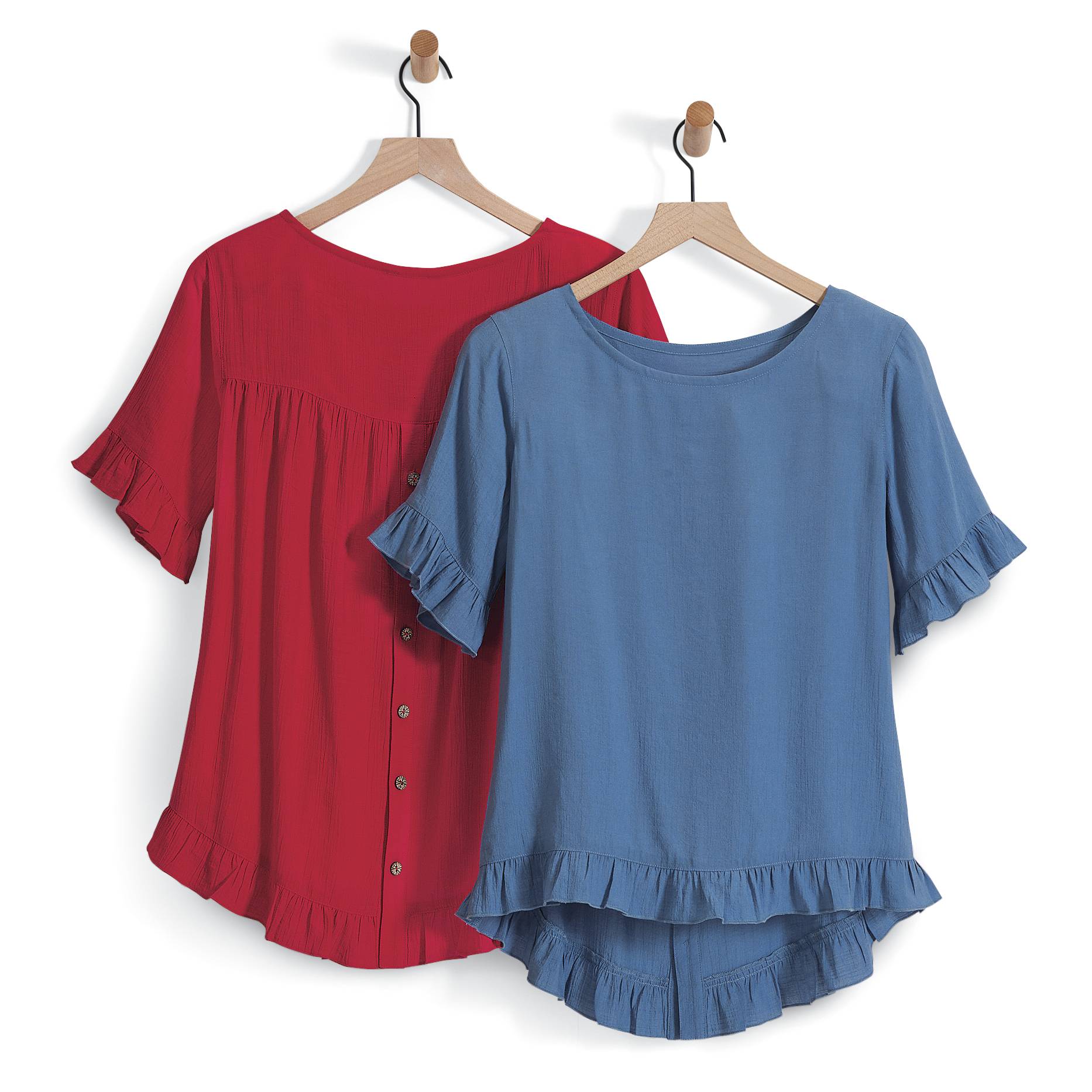 Ruffle Button-Back Top, Short-Sleeve, Curved High-Low Hem - Northstyle Catalog