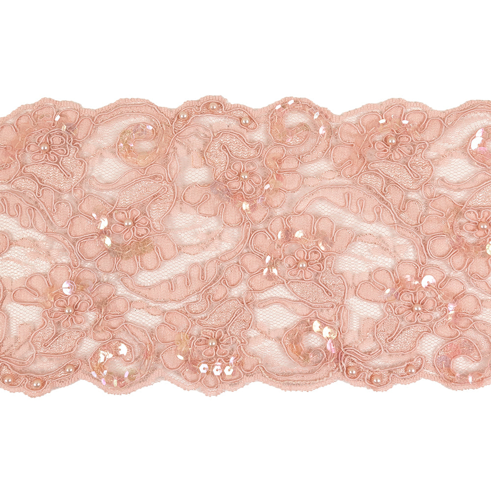 Pink Flowers and Leaves Beaded, Sequined and Corded Lace Trim - 5