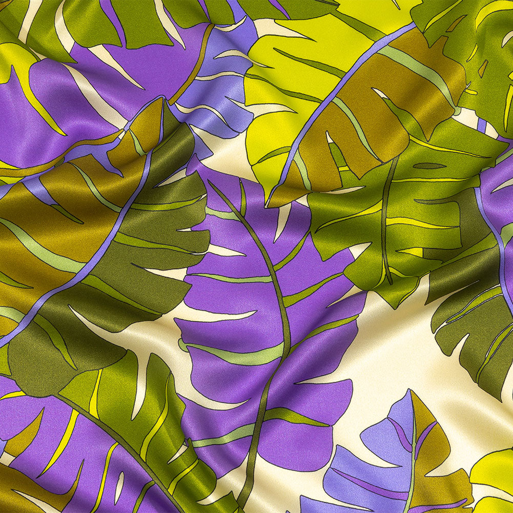 Italian Deep Lavender, Olive and Lime Jungle Leaves Silk Charmeuse - Joann Fabrics
