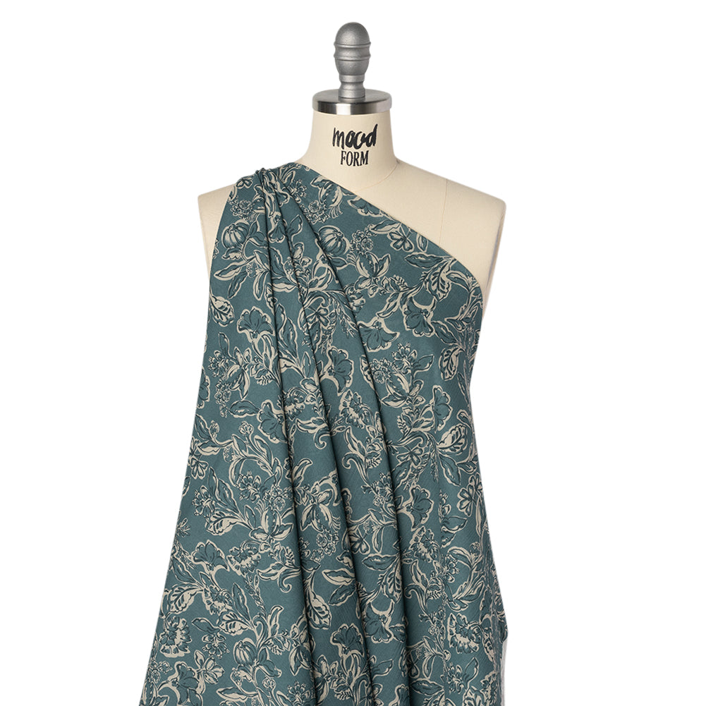Crinkled Cotton Gauzy Woven - Sea Blue, Cream and Black Floral - Mood Exclusive Cottage Crawl Print - Joann Fabrics