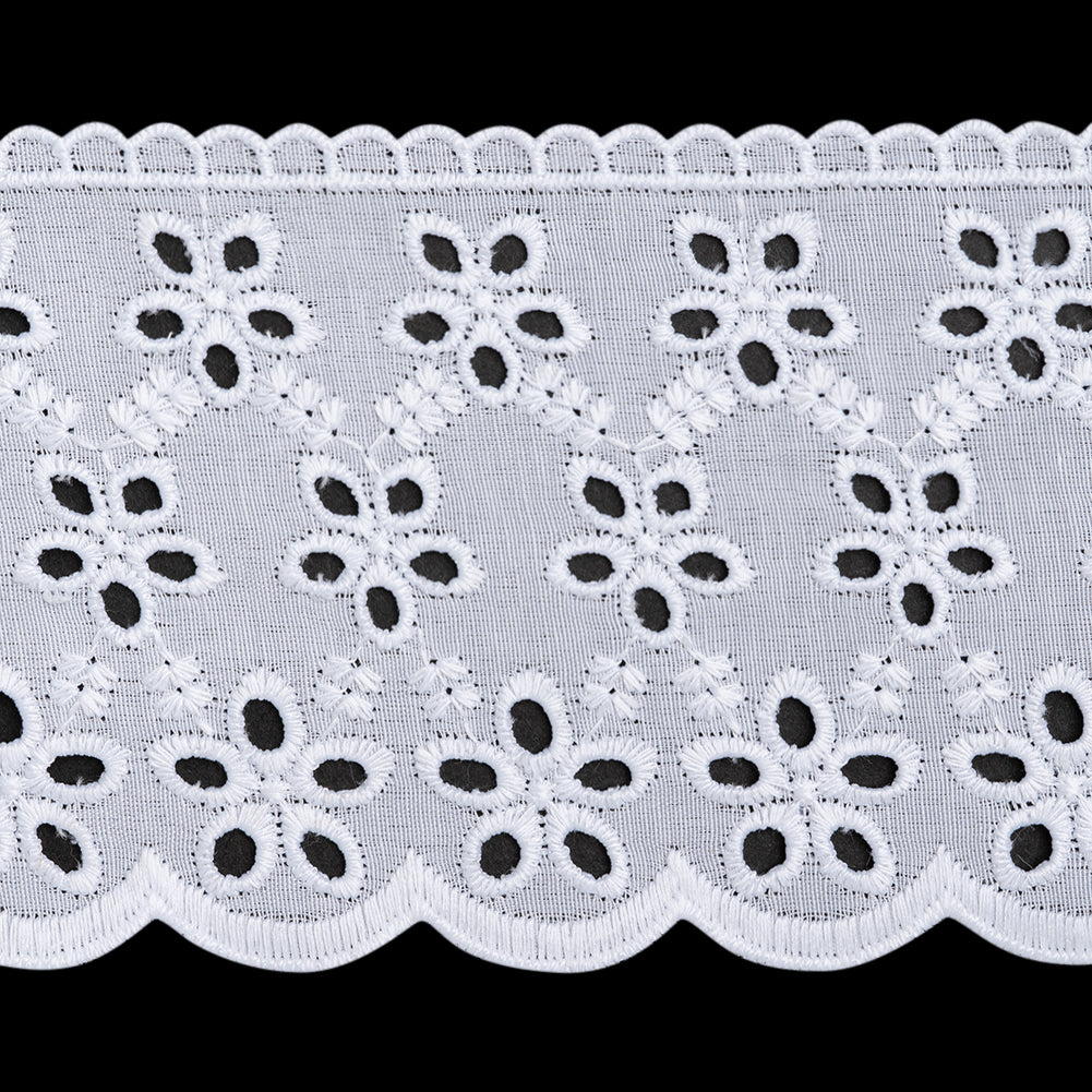Cotton and Polyester Embroidered Eyelet Lace Trim with Scalloped Edges - 3.25