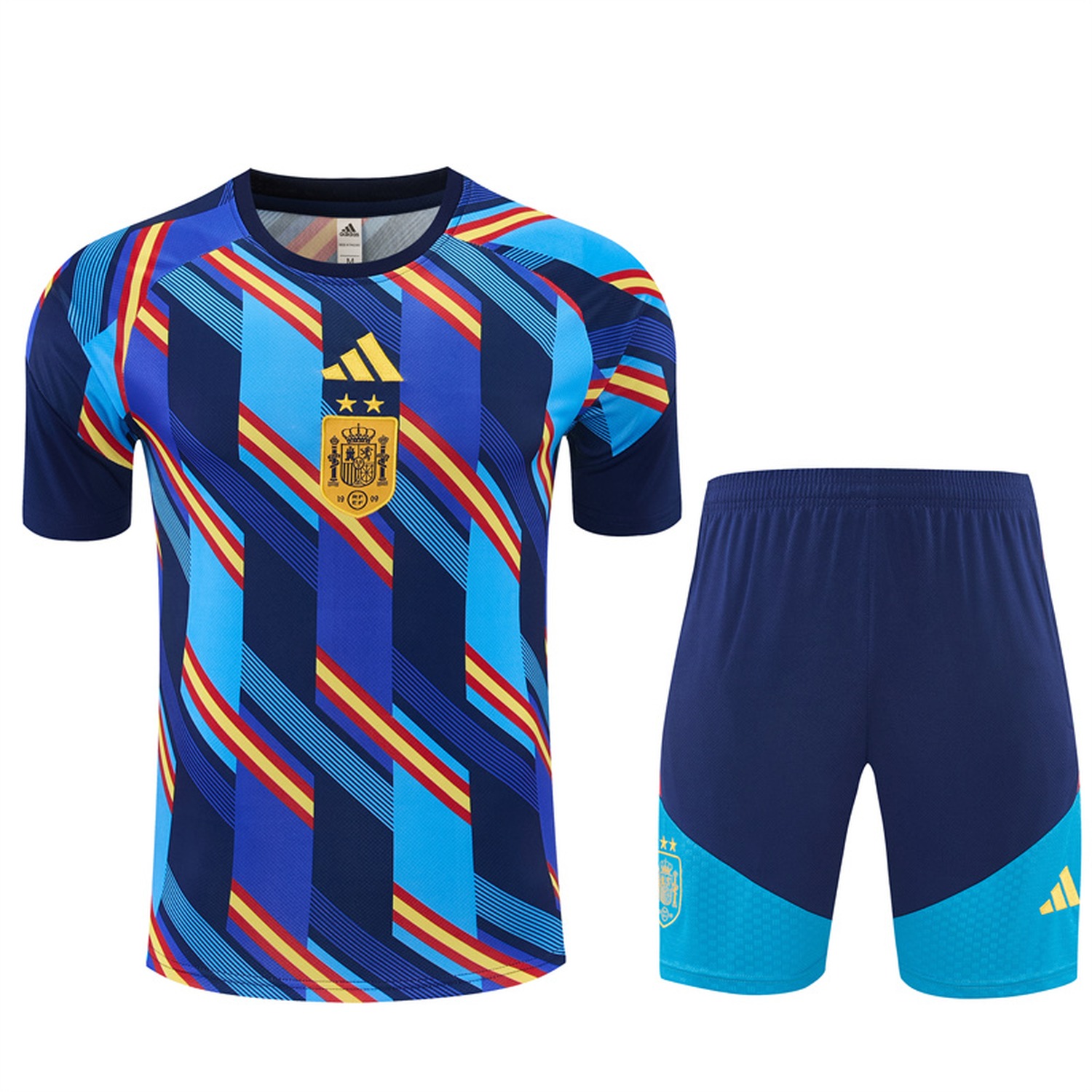 Spain 2026 Two Stars Camouflage Short-Sleeve Training Set - Blue Top & Deep Blue Shorts - UnitedFutballJersey