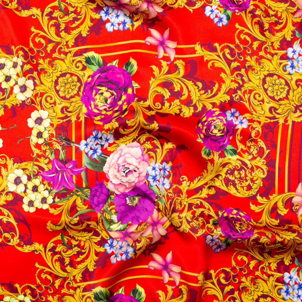 Mood Exclusive Italian Red, Gold and Purple Ornate Floral Digitally Printed Silk Charmeuse - Joann Fabrics