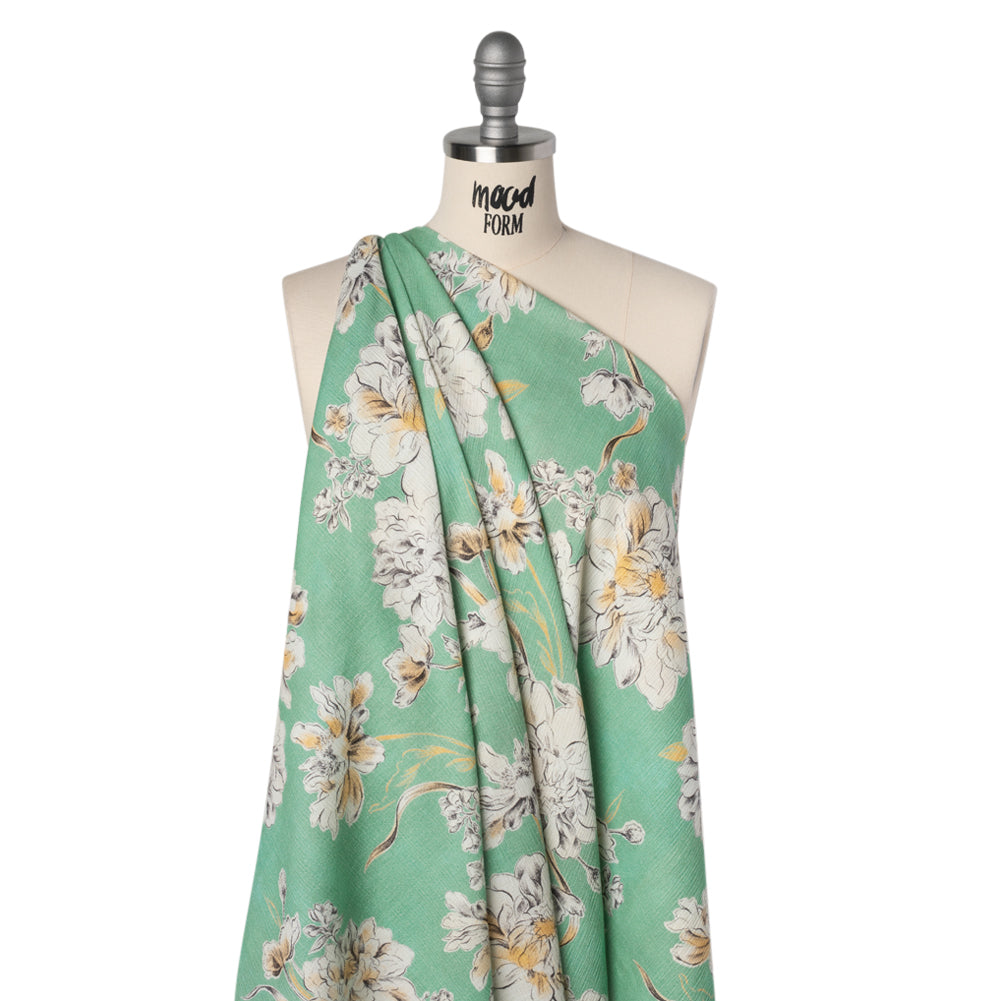 Slubbed Gauzy Cotton Woven - Mint Green, Golden Yellow and Off White Floral - Mood Exclusive Color Me Chrysanthemum Print - Joann Fabrics