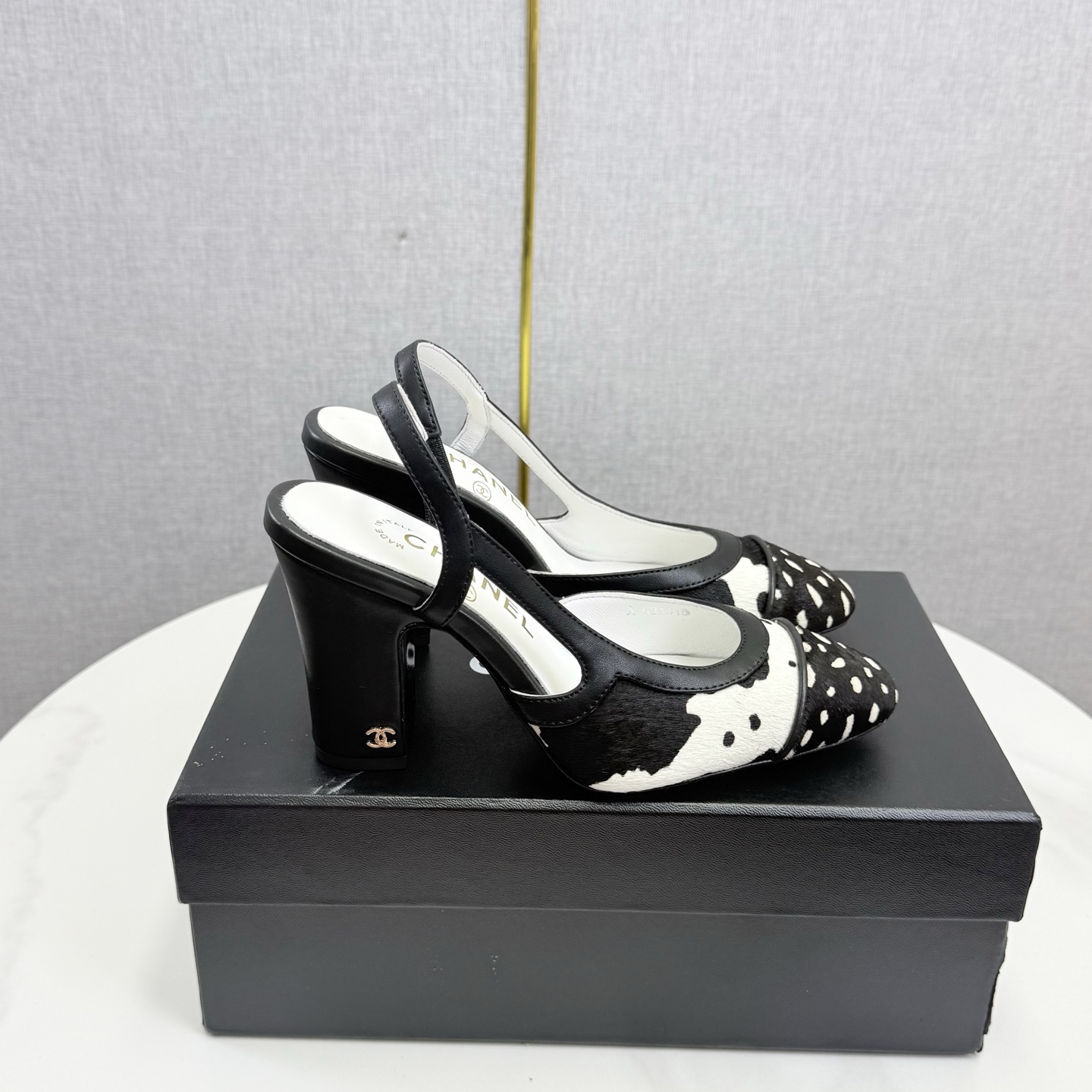 Chanel high heels, pony hair patchwork women's shoes, square toe chunky heel sandals