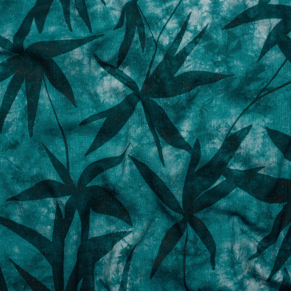 Slubbed Gauzy Cotton Woven - Teal and Turquoise Leaves on Tie Dye - Mood Exclusive Submerged Serenity Print - Joann Fabrics